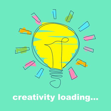 Creativity concept. Hand drawn shining light bulb on turquoise background, doodle vector illustrationのイラスト素材