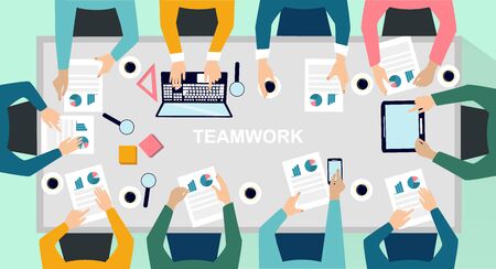 Cooperation concept. Business team on meeting at conference table, with gadgets and documents, vector illustration in flat style. Panoramaのイラスト素材