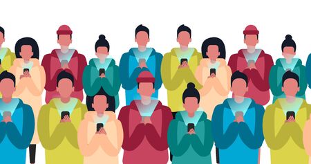 World internet addiction problem. Group of people using their mobile phones, vector illustration in flat style. Panoramaのイラスト素材