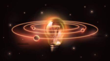 Creativity and unique business ideas concept. Collage with light bulb shining like sun and planets...