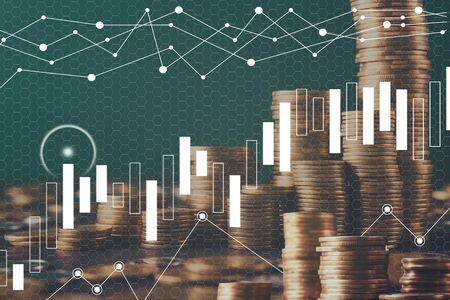 Wealth and prosperity concept. Stacked golden coins on green background, collage with financial graphs on transparent screenの写真素材