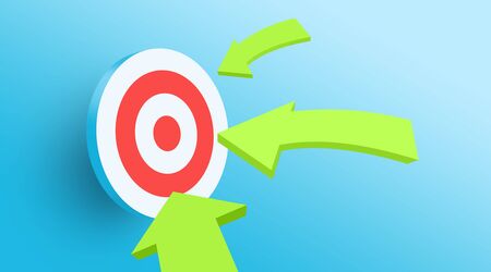 Achieving business aims concept. Illustration with arrows hitting target on blue background,...
