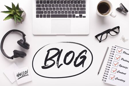 Overhead view of blogger's workplace with laptop computer and headphones, collage. Panoramaの写真素材