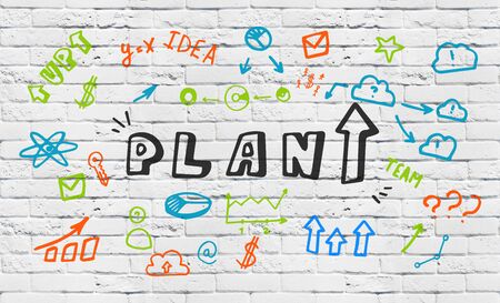 Strategy Concept. The word Plan with arrow up written on white brick background with colorful...