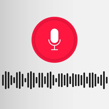 Personal assistant and voice recognition concept. Mic button and sound wave on grey background, vector illustrationのイラスト素材