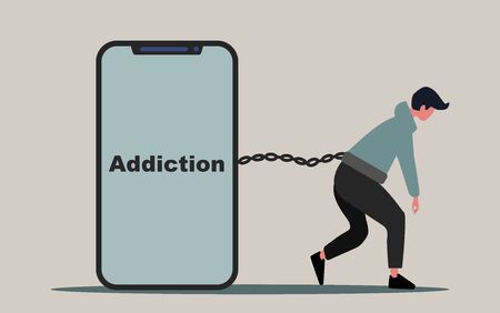 Internet compulsiveness concept. Teen guy chained to his cellphone like prisoner, vector illustration in flat style. Panoramaのイラスト素材