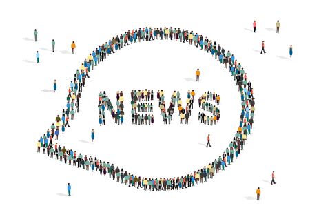 Speech bubble with word NEWS made from people crowd on white background, vector illustration in flat styleのイラスト素材