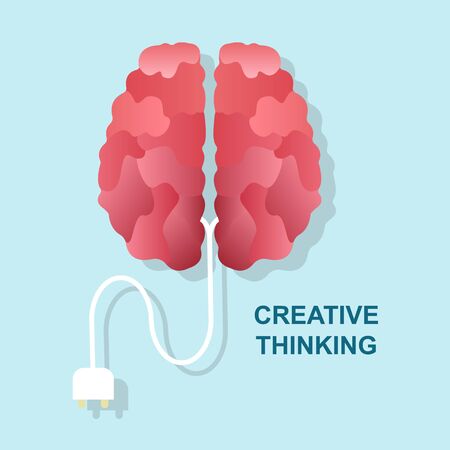 Creative thinking concept. Brain with electric plug on blue background, vector illustration in flat styleのイラスト素材