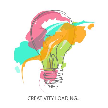 Hand drawn vector illustration with light bulb sketch and watercolor splashes on white backgroundのイラスト素材