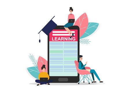 Huge smartphone with word LEARNING on screen and people studying online, white background. Vector illustration in flat styleのイラスト素材