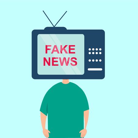 Person with television in place of his head showing FAKE NEWS on blue background. Vector illustration in flat styleのイラスト素材