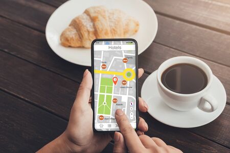 Collage with woman searching for hotel with help of GPS service on smartphone at cafe