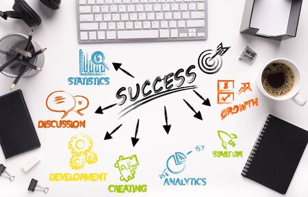 Schematic idea and features of success on white office table with stationery, morning coffee and...