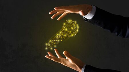 Professional success concept. Businessman with polygonal key on dark background, creative collage....