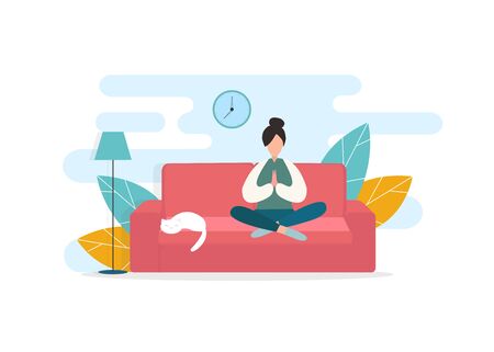 Young woman sitting on sofa and meditating, cat lover, style home, vector illustrationのイラスト素材