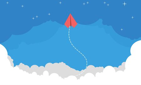 Red airplane gets ahead in the sky. New idea, change, trend, courage, creative solution, innovation and unique way concept, vector illustrationのイラスト素材