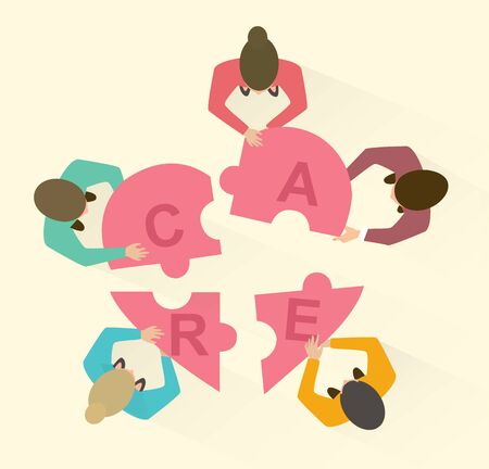 Team of volunteers building heart with word CARE from puzzle pieces, overhead view. Vector illustration in flat styleのイラスト素材