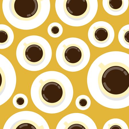 Coffee or tea cups on yellow background, vector seamless pattern. Fresh organic beverages texture. Wallpaper, fabric design ideaのイラスト素材