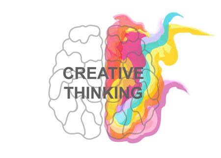 Linear vector illustration of human brain with watercolor splashes and words CREATIVE THINKING on white backgroundのイラスト素材