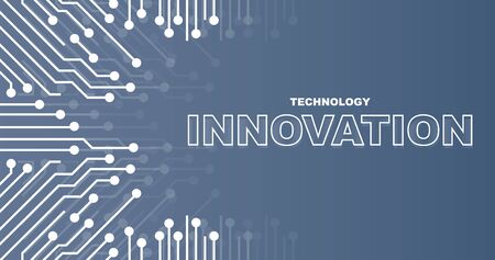 Words TECHNOLOGY INNOVATION on grey background with electric circuit lines, vector illustration. Panoramaのイラスト素材