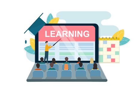 Online education concept. Lecturer pointing to tablet screen with word LEARNING in front of audience on white background, flat vector illustrationのイラスト素材
