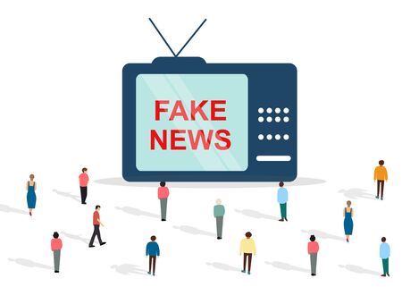 Crowd of people watching a gigantic TV set showing FAKE NEWS on white background, vector illustration in flat styleのイラスト素材
