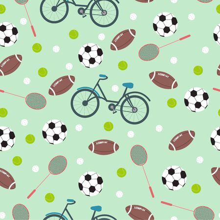 Different sports inventory on turquoise background, vector seamless pattern in flat style. Creative textile or wallpaper design ideaのイラスト素材