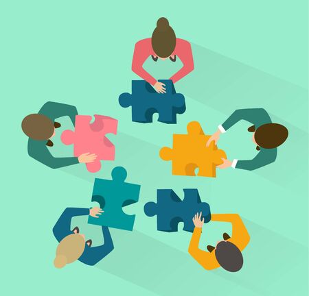 Teamwork and collaboration concept. Overhead view of company staff with puzzle pieces on blue background, vector illustration in flat styleのイラスト素材