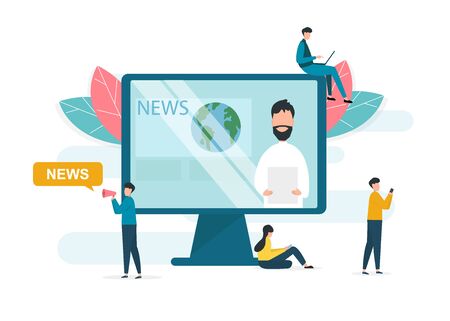 People using gadgets around huge TV with news broadcast on screen, white background. Vector illustration in flat styleのイラスト素材
