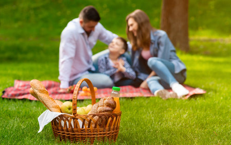 Picnic basket with food on green grass and blurred family relaxing in park, copy spaceの写真素材
