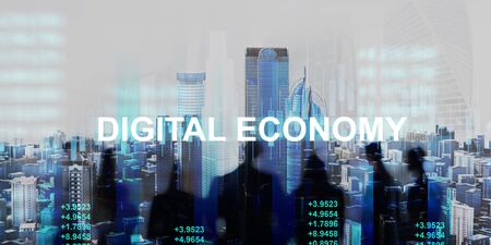 Collage with modern cityscape, silhouettes of business people and words DIGITAL ECONOMY, panoramaの写真素材