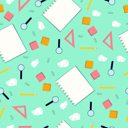 Various stationery items on turquoise background, vector seamless pattern. Office supplies backdrop....