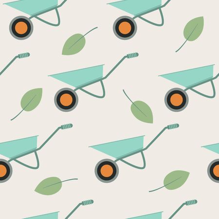 Wheelbarrows and green leaves on light background, vector seamless pattern. Gardening tools repeat backdrop. Textile, wallpaper design ideaのイラスト素材
