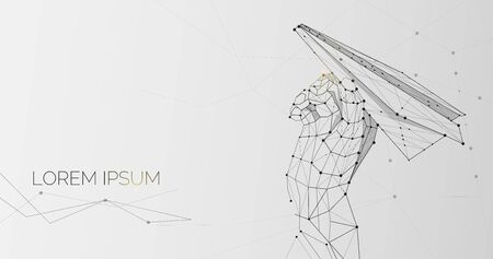 Hand holding paper airplane, illustration made of lines and dots, panorama with free spaceのイラスト素材