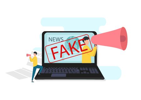 Spread of Fake News Concept. Man with megaphone talking faking news. Vector Illustrationのイラスト素材