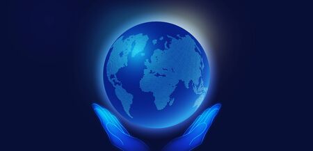 Globalization And Digital World. Futuristic Illustrated Hands Holding 3d Globe With Dotted Map With...