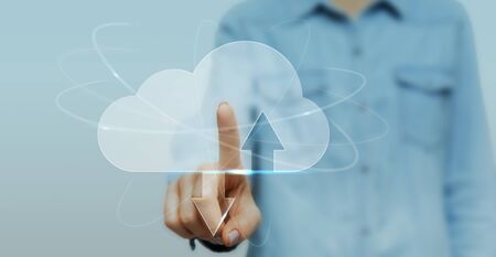 Woman Clicking At Transparent Cloud Data Storage Icon On Digital Screen, Synchronize Information,...