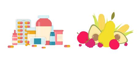 Pills and medications vs fresh fruits and vegetables, white background, vector illustration, panoramaのイラスト素材