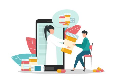 Online Pharmacy. Creative Vector Image Of Doctor Pharmacist Delivering Medicine To Client, Peeking Out Of Smartphoneのイラスト素材