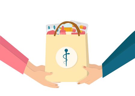 Pharmacy Delivery. Courier giving bag with antibiotic drugs pills to hands of woman client, creative vector illustration in flat styleのイラスト素材