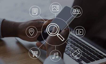 Internet Search. Businessman Browsing Web On Mobile Phone Searching Information Indoors. Collage With Icons. Closeup, Croppedの写真素材