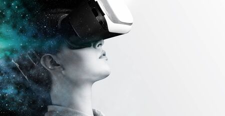 Collage with young woman wearing VR glasses, absorbed in virtual reality space on light background,...
