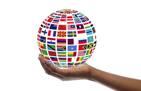 Young guy holding globe made of international flags, isolated on white, collage. Panoramaの写真素材