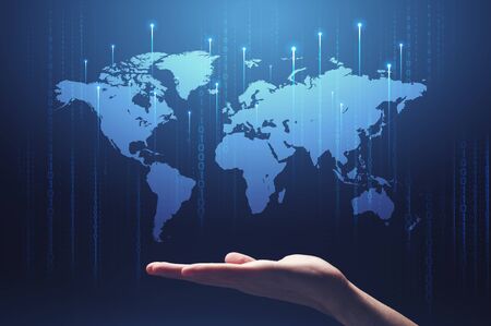Global technologies concept. Collage with male hand, world map and computer binary code on blue...