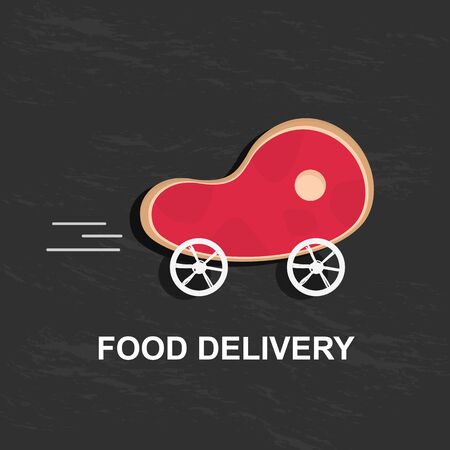 Creative cartoon style image of rib eye steak on wheels over black, white food delivery inscriptionのイラスト素材