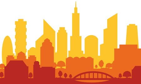 Orange urban architecture skyline with apartment buildings and office centres, isolated on white background. Vector illustrationのイラスト素材