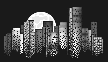 Outline of industrial city centre with tall office buildings at night, vector illustration. Panoramaのイラスト素材