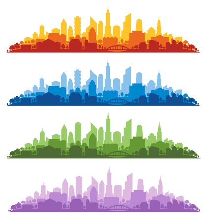 Vector illustration set set with urban cityscapes of multiple colors, isolated on white backgroundのイラスト素材