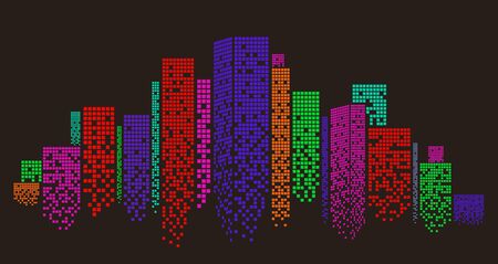 Multicolored office buildings silhouettes of modern city on black background, creative vector illustrationのイラスト素材