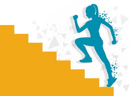 Blue girl runner climbing up by yellow stairs, white background, vector image, sport motivation, achievements in sport conceptのイラスト素材